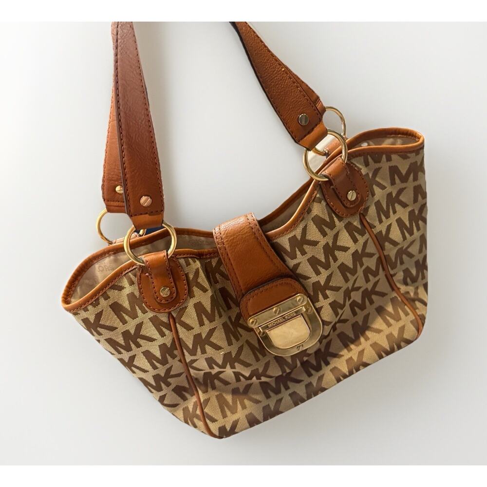 Michael Kors Brown Monogram Medium Satchel With Gold Hardware & Dual Handles